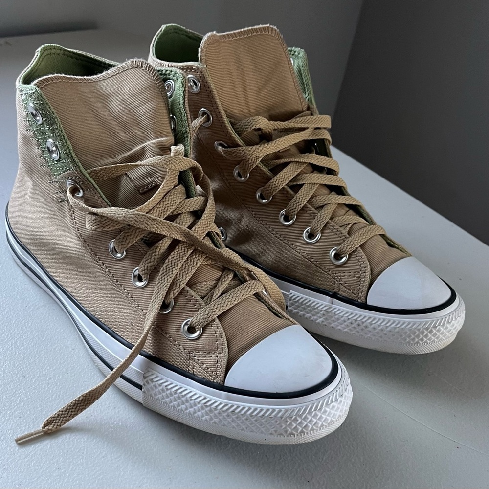 Converse Tan and Green High-Top Sneakers